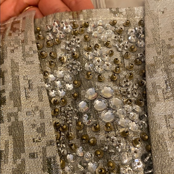 St. John Silver And Gold Jacquard Dress With Crystals And Buckle 14 - Picture 4 of 9